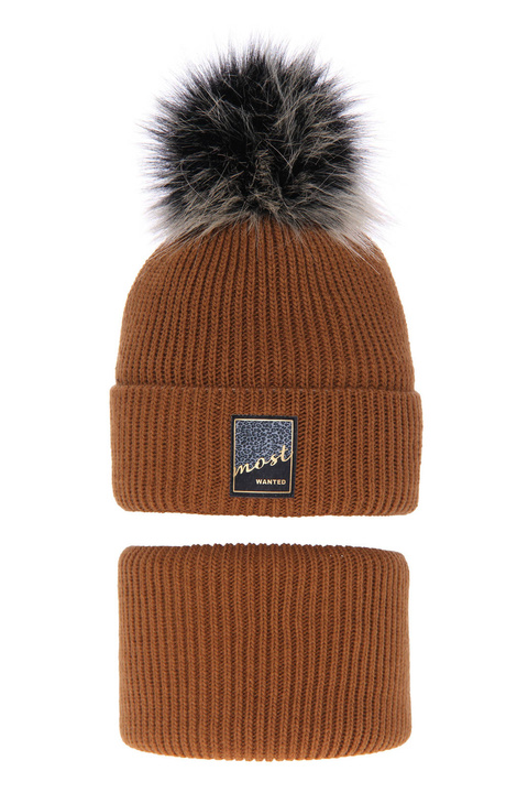 Czapka i komin dla dziewczynki zimowy komplet, brązowy, z pomponem Sycylia