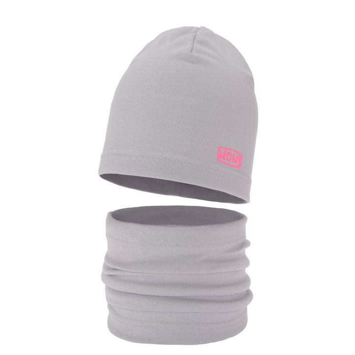 Czapka i komin dla dziewczynki jesienny, wiosenny komplet, szary, bawełniany Friza