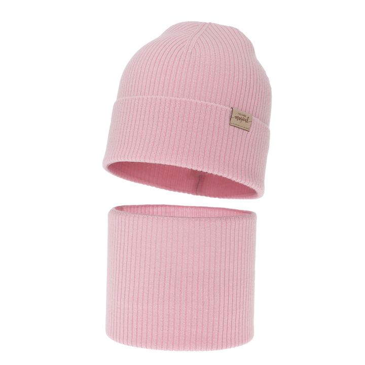 Czapka i komin dla dziewczynki jesienny, wiosenny komplet, różowy, 100% wełniany merino Magenta