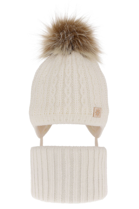 Czapka i komin dla dziewczynki zimowy komplet, kremowy, z pomponem Passa