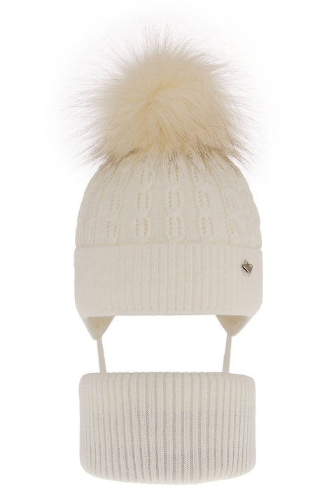 Czapka i komin dla dziewczynki zimowy komplet, kremowy, z pomponem Tukana