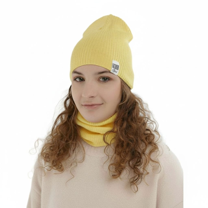 Czapka i komin dla dziewczynki jesienny, wiosenny komplet, z bawełną, żółty Farinka