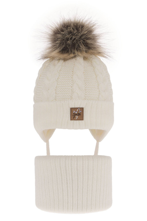 Czapka i komin dla dziewczynki zimowy komplet, kremowy, z pomponem Finess