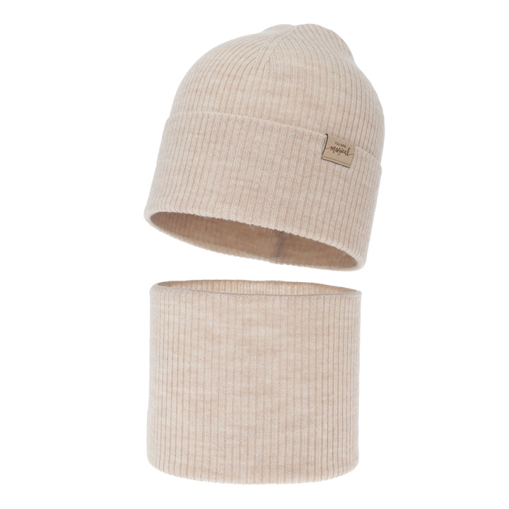 Czapka i komin dla dziewczynki jesienny, wiosenny komplet, beżowy, 100% wełniany merino Magenta