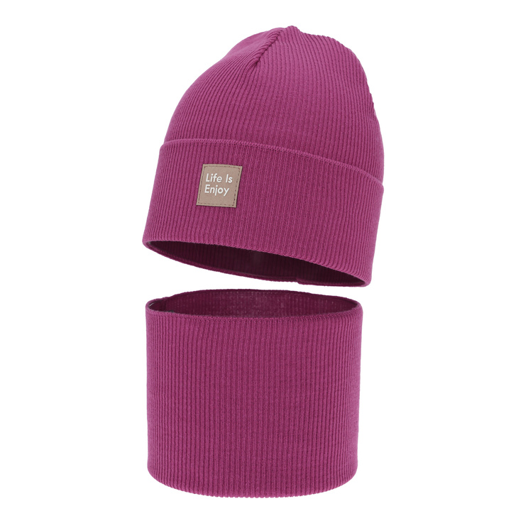 Czapka i komin dla dziewczynki jesienny, wiosenny komplet, z bawełną, amarantowy Zola