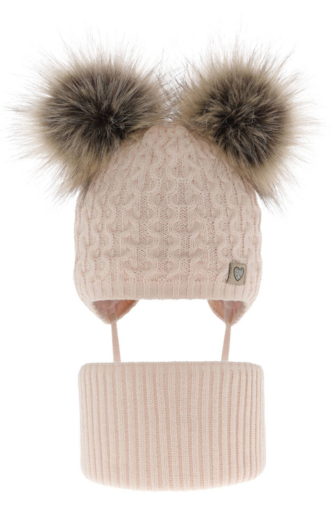 Czapka i komin dla dziewczynki zimowy komplet, jasnoróżowy, z dwoma pomponami Poliana