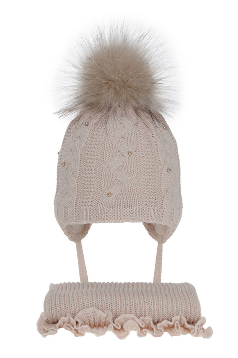 Czapka i szalik dla dziewczynki zimowy komplet, różowy, z pomponem Mirella