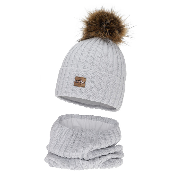 Czapka i komin dla dziewczynki zimowy komplet, szary, podszyty polarem, z wełną merino Bellina