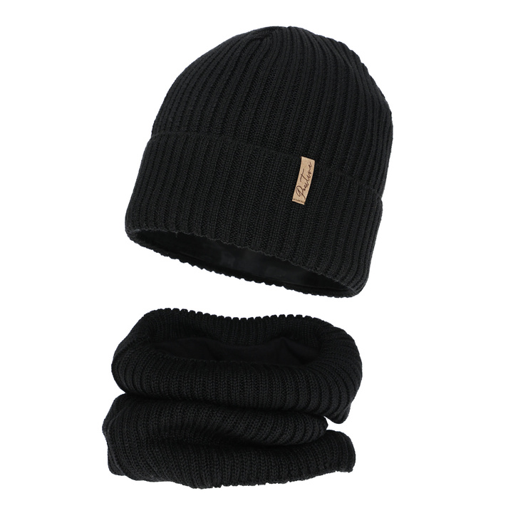 Czapka i komin podszyty bawełną dla dziewczynki zimowy komplet, czarny, z wełną merino, Odette