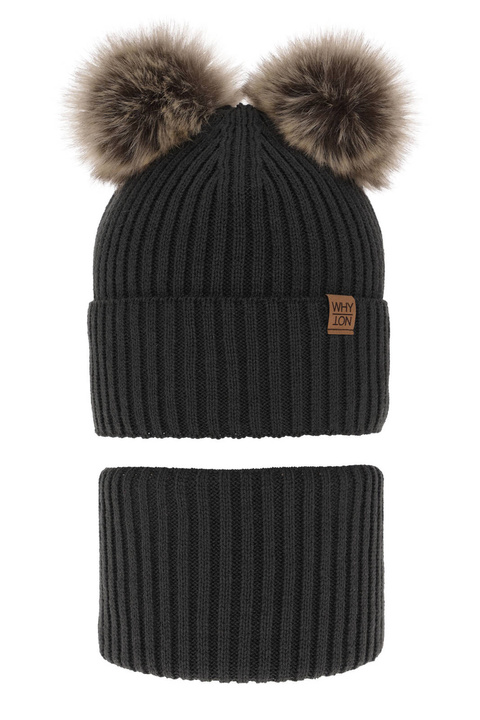 Czapka i komin dla chłopca zimowy komplet, szary, z dwoma pomponami, wiązany Oxford