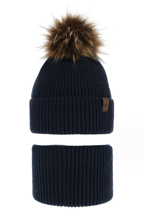 Czapka i komin dla chłopca zimowy komplet, granatowy, z pomponem Modus