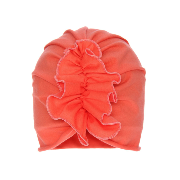 Czapka bawełniana dla dziewczynki jesienna, wiosenna, koralowa, z ozdobnym marszczeniem, Werka