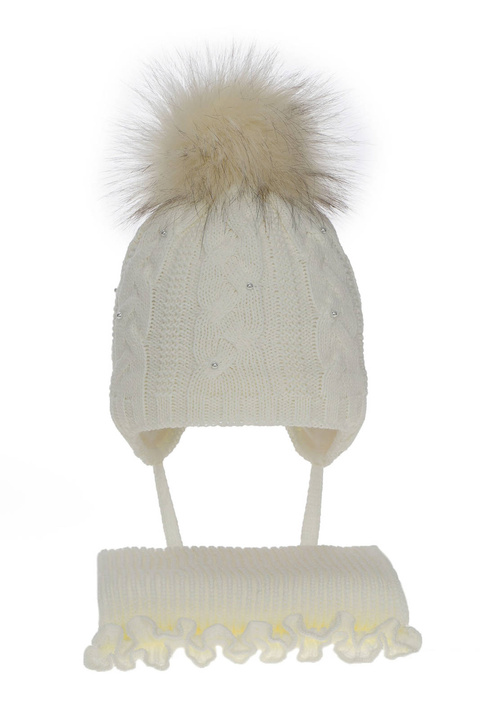 Czapka i szalik dla dziewczynki zimowy komplet, kremowy, z pomponem Mirella