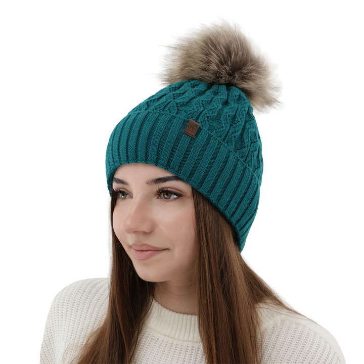 Czapka zimowa damska, szmaragdowa, z pomponem Katty