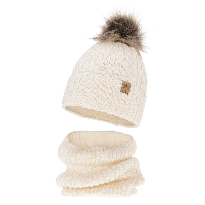 Czapka i komin dla dziewczynki zimowy komplet, kremowy, z pomponem, wełniany merino Aprilia