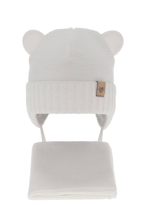 Czapka i szalik dla dziewczynki zimowy komplet, biały, wiązany Alice