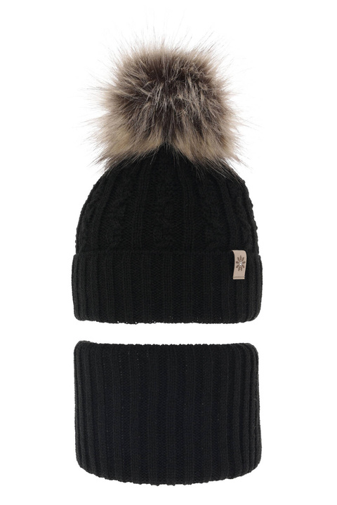 Czapka i komin dla dziewczynki zimowy komplet, czarny, z pomponem Pretoria