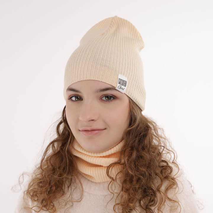 Czapka i komin dla dziewczynki jesienny, wiosenny komplet, z bawełną, morelowy Farinka