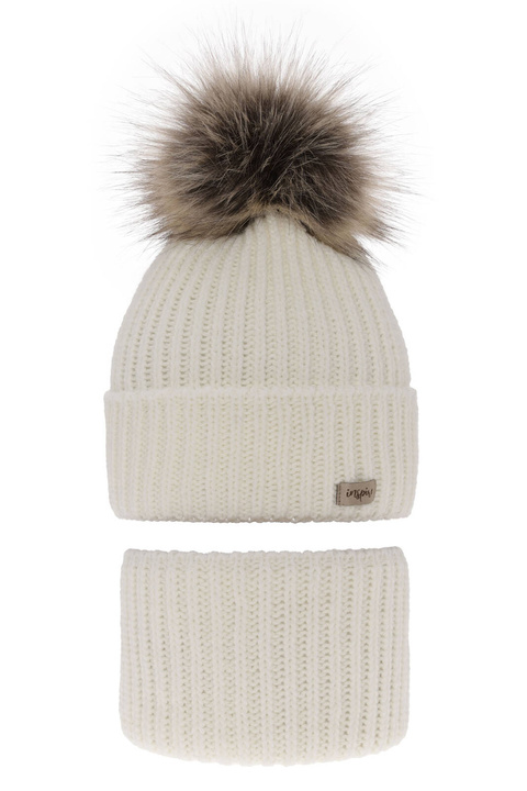 Czapka i komin dla dziewczynki zimowy komplet, kremowy, z pomponem Willow