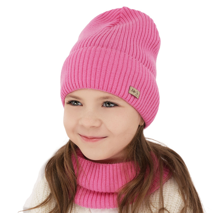 Czapka i komin dla dziewczynki jesienny, wiosenny komplet, różowy, 100% wełniany merino Itra