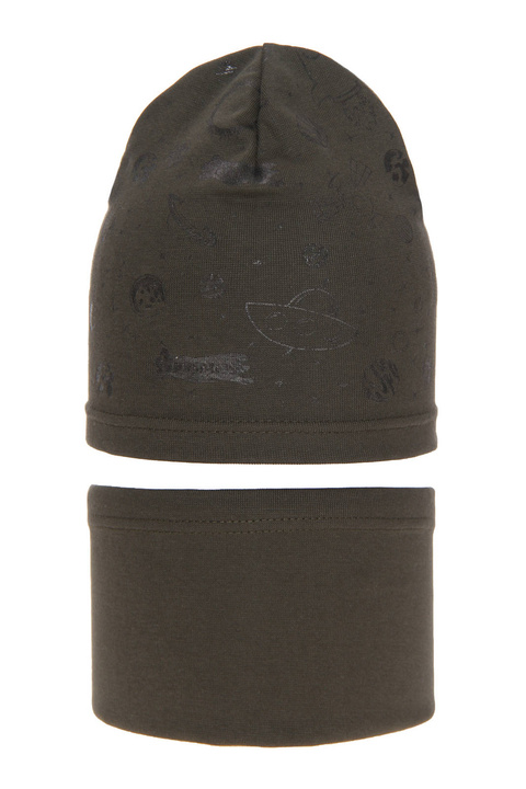 Czapka i komin dla chłopca jesienny, wiosenny komplet, khaki, bawełniany Kosmos