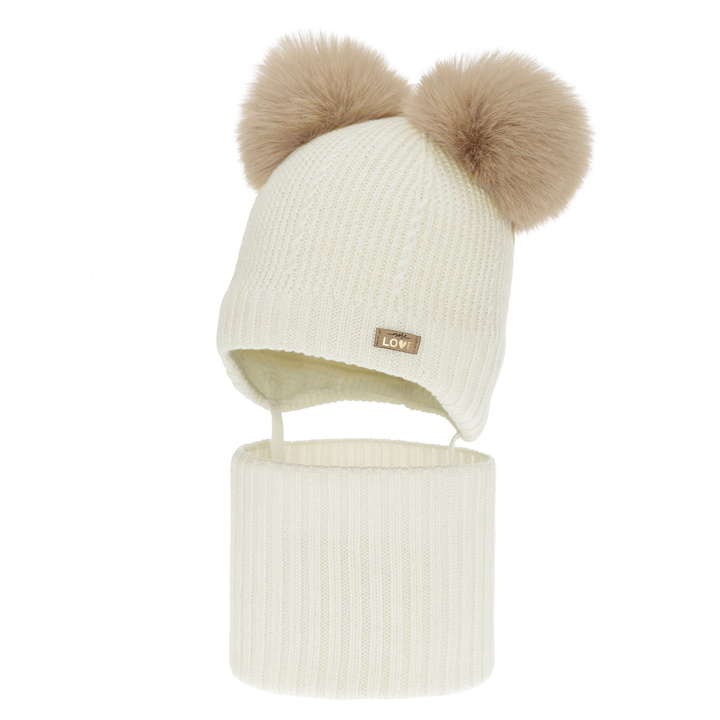 Czapka i komin dla dziewczynki, zimowy komplet, kremowy, 100% wełniany merino, podszyty polarem wełnianym, Lumia