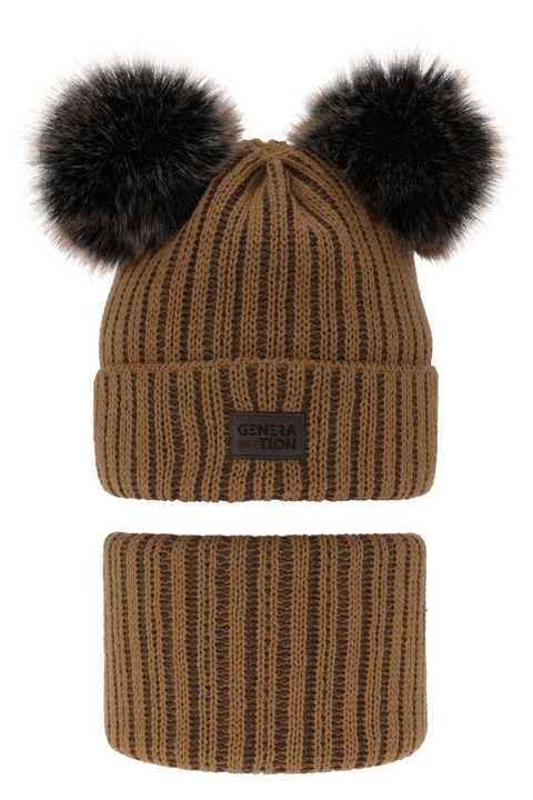 Czapka i komin dla chłopca zimowy komplet, camel, z dwoma pomponami Tokio