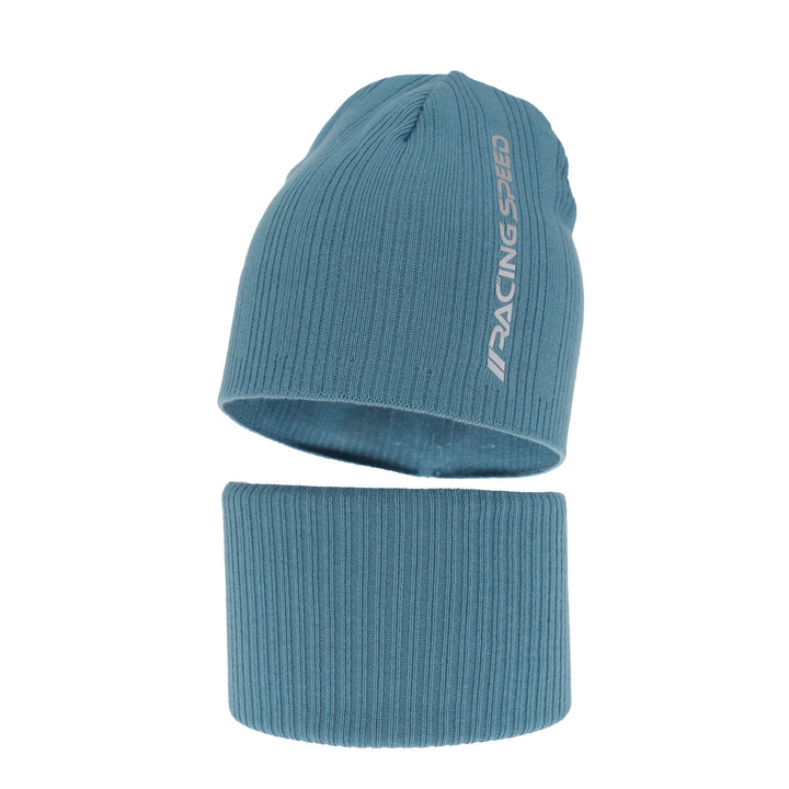 Czapka i komin dla chłopca jesienny, wiosenny komplet, z bawełną, niebieski Kolorado