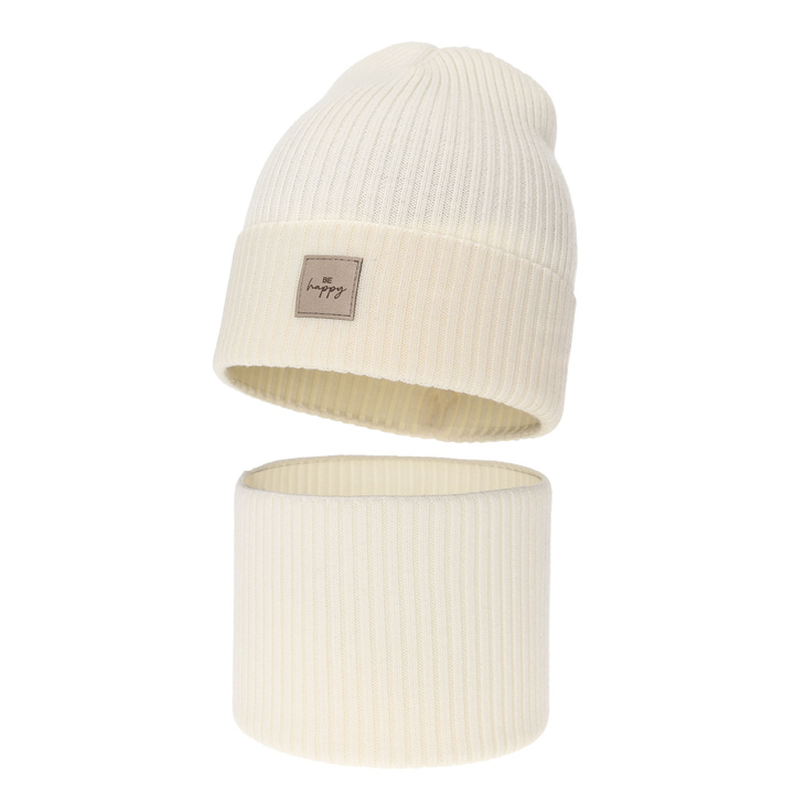 Czapka i komin dla dziewczynki, jesienny, wiosenny komplet, kremowy, 100% wełniany merino, Vanita