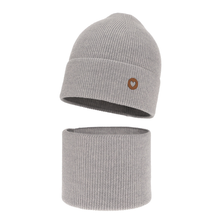 Czapka i komin dla dziewczynki jesienny, wiosenny komplet, szary, 100% wełniany merino Brook