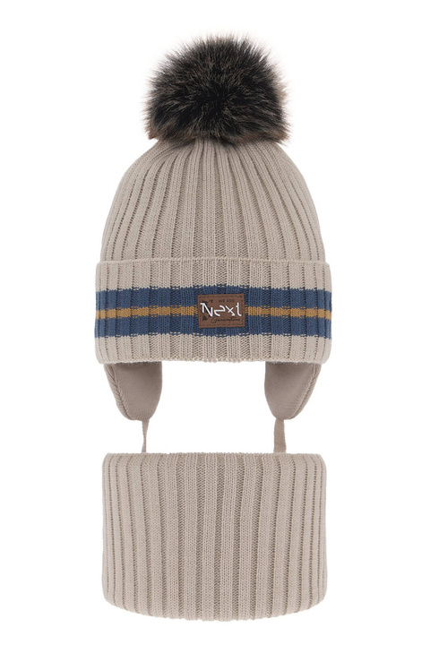 Czapka i komin dla chłopca zimowy komplet, beżowy, z pomponem Echo