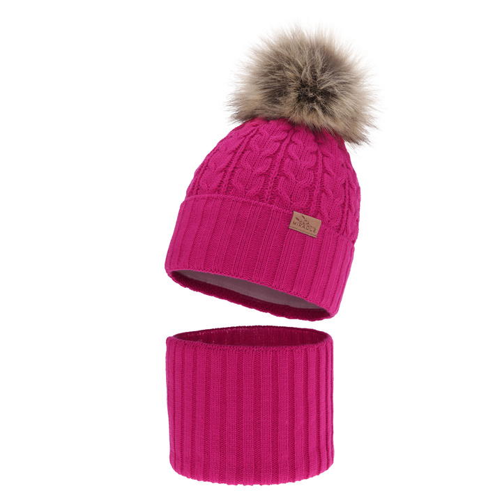 Czapka i komin dla dziewczynki zimowy komplet, amarantowy, z pomponem Tanzania