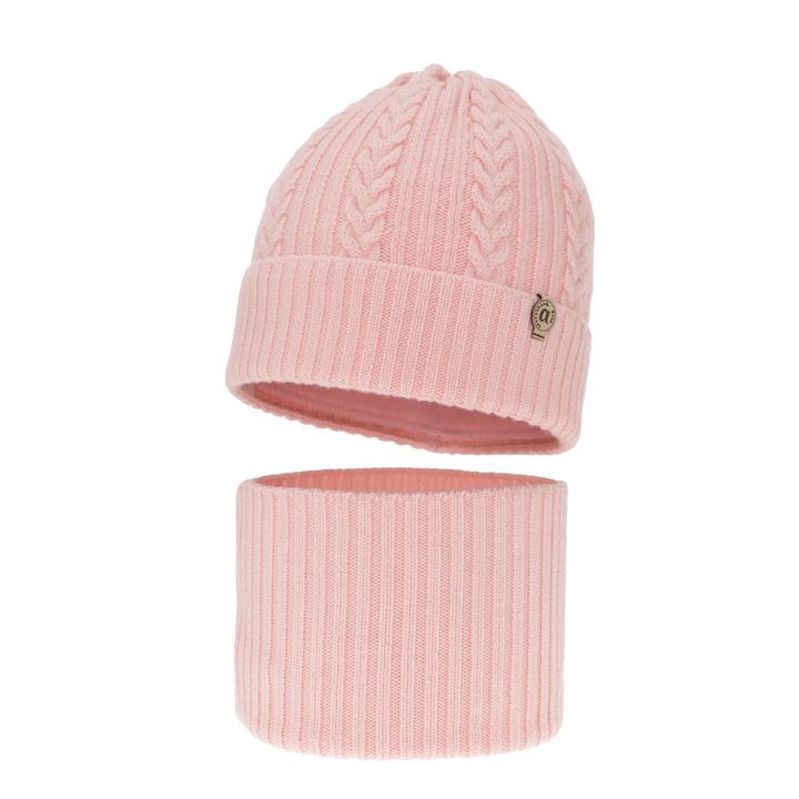 Czapka i komin dla dziewczynki zimowy komplet, różowy, 100% wełniany merino Jenny