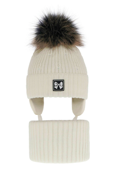 Czapka i komin dla dziewczynki zimowy komplet, kremowy, z pomponem Kinia