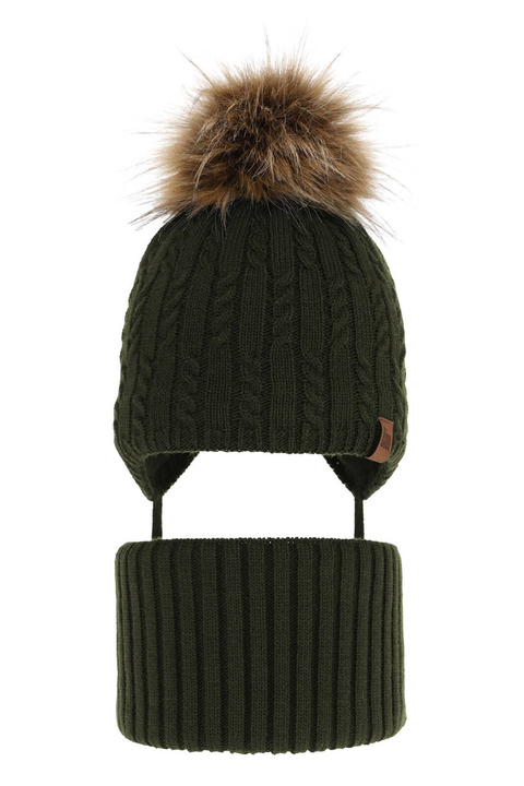 Czapka i komin dla chłopca zimowy komplet, khaki, z pomponem Indigo