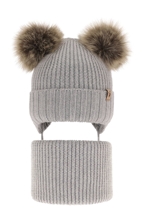 Czapka i komin dla dziewczynki zimowy komplet, szary, wiązany, 100% wełniany merino, z dwoma pomponami Silvia