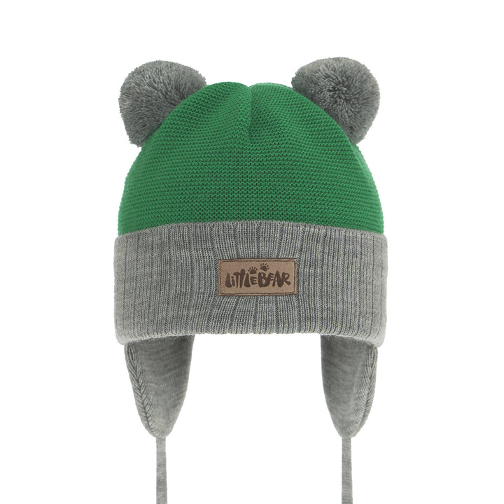 Czapka jesienna, wiosenna dla chłopca, szara, z dwoma pomponami, wiązana Gigant