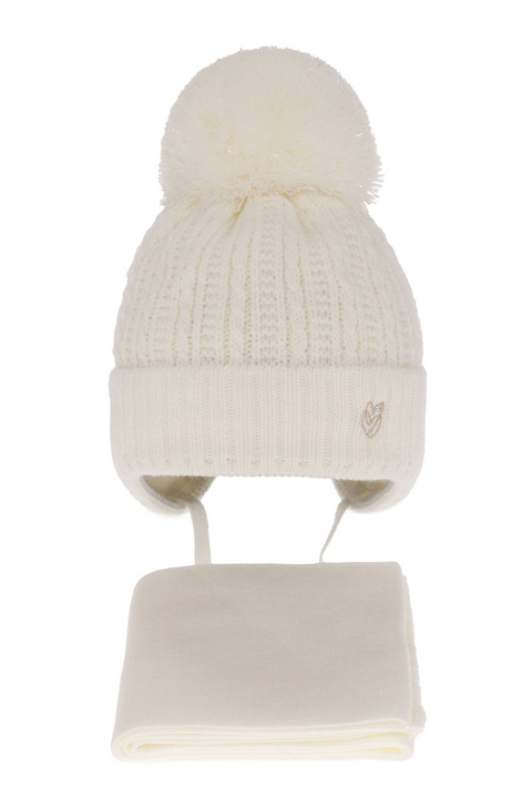 Czapka i szalik dla dziewczynki zimowy komplet, kremowy, wiązany, z pomponem Marisa