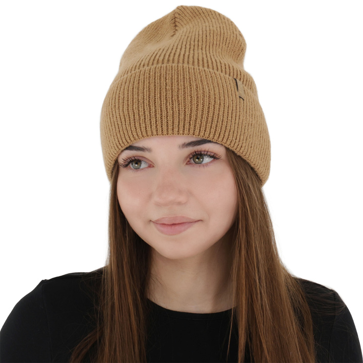 Czapka zimowa damska, camel, z wełną merino Tahoe