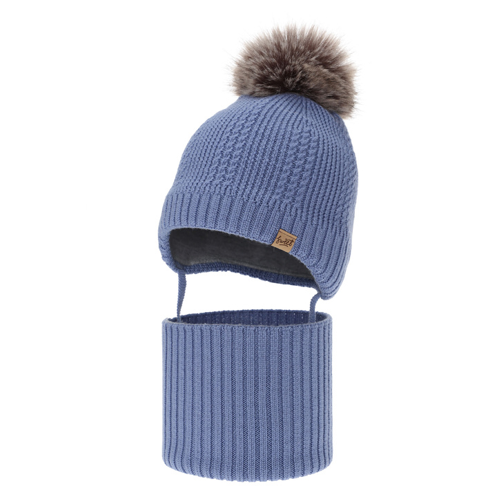 Czapka i komin dla chłopca, zimowy komplet, niebieski, 100% wełniany merino, podszyty wełnianym polarem, wiązany Danny