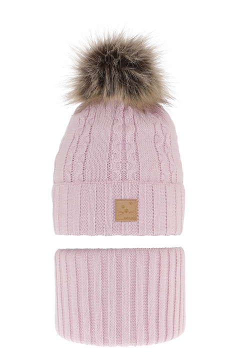 Czapka i komin dla dziewczynki zimowy komplet, liliowy, z pomponem Alexia