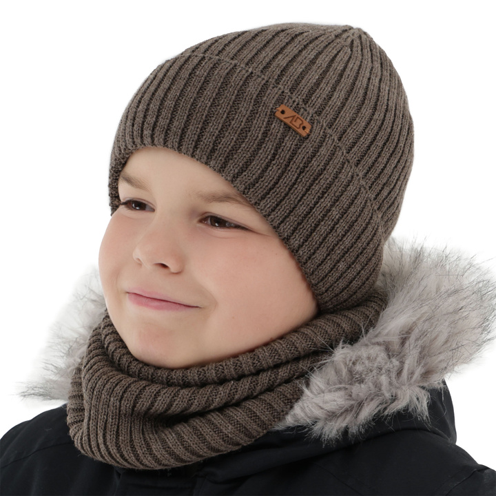Czapka i komin dla chłopca zimowy komplet, brązowy,  z wełną merino, podszyty polarem Palermo