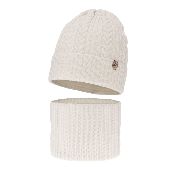 Czapka i komin dla dziewczynki zimowy komplet, biały, 100% wełniany merino Jenny