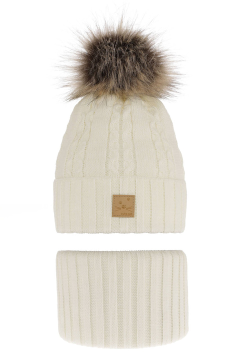 Czapka i komin dla dziewczynki zimowy komplet, kremowy, z pomponem Alexia