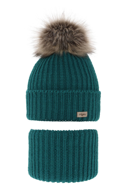 Czapka i komin dla dziewczynki zimowy komplet, szmaragdowy, z pomponem Willow
