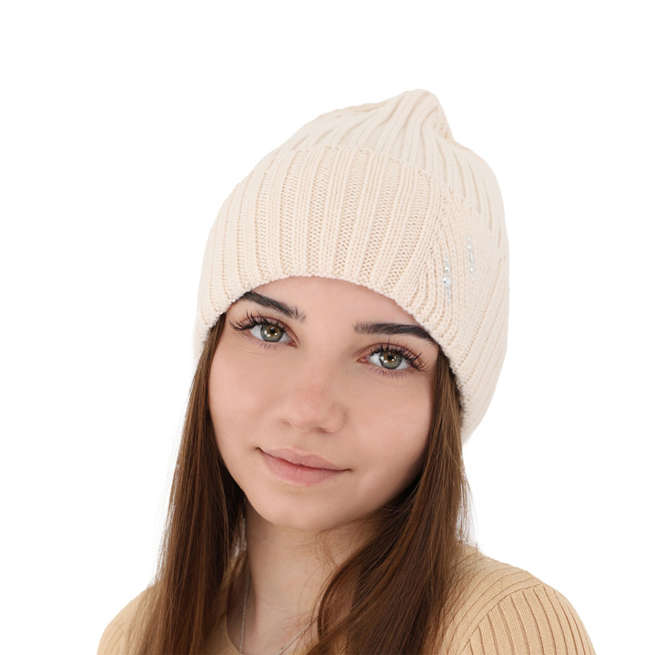 Czapka zimowa damska, beżowa, 100% wełniana merino Ariga