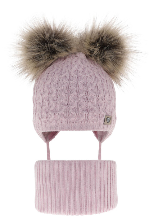 Czapka i komin dla dziewczynki zimowy komplet, liliowy, z dwoma pomponami, wiązany Poliana