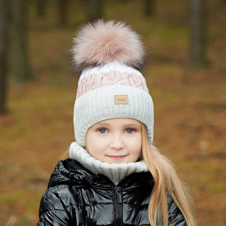 Czapka i komin dla dziewczynki zimowy komplet, szary, z pomponem Riviera