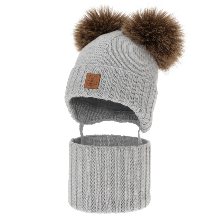 Czapka i komin dla chłopca, zimowy komplet, szary, 100% wełniany merino, podszyty polarem wełnianym, Ronik