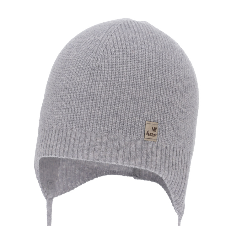 Czapka jesienna, wiosenna dla chłopca, szara, wełna merino z kaszmirem, wiązana Tono